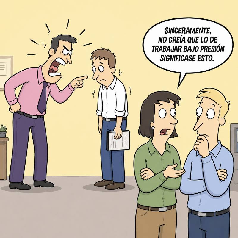 Jefe humillando a un empleado delante de sus compañeros en un ambiente laboral tenso.