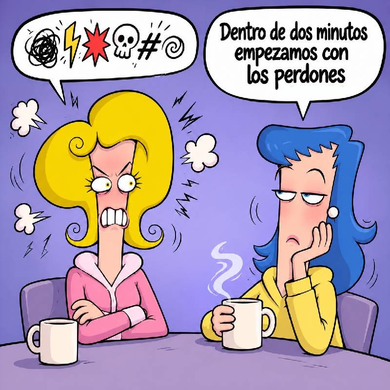 Dos mujeres discuten mientras toman café. Una de ellas dice: «Dentro de dos minutos empezamos con los perdones», reflejando el paso rápido del enfado a la culpa.