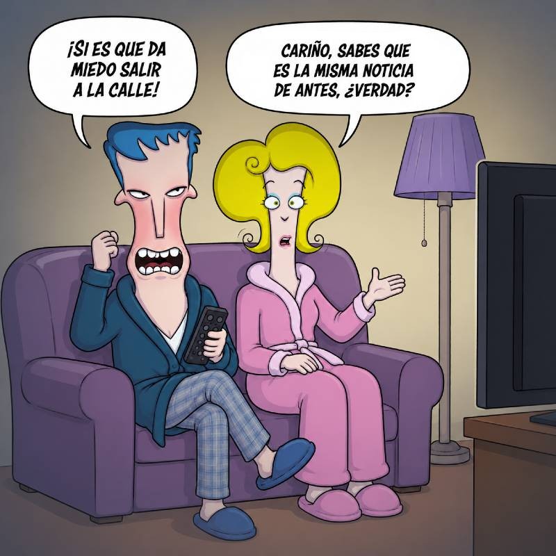 Pareja viendo la TV: él tiene miedo por las noticias y ella le recuerda que están repitiendo la misma.