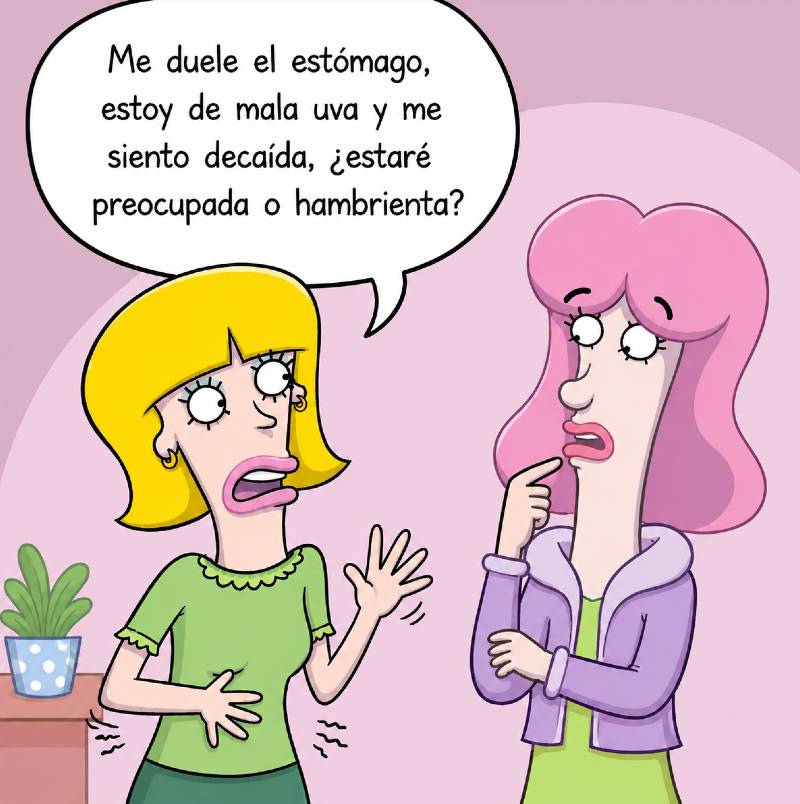 Una mujer, ante su estado fisiológico, no sabe si está preocupada o hambrienta.