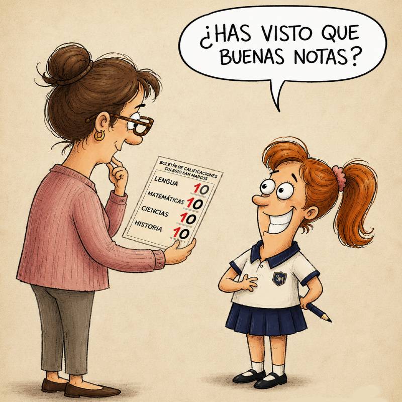 Niña muestra a su madre calificaciones del colegio donde ha cambiado los suspensos por sobresalientes.