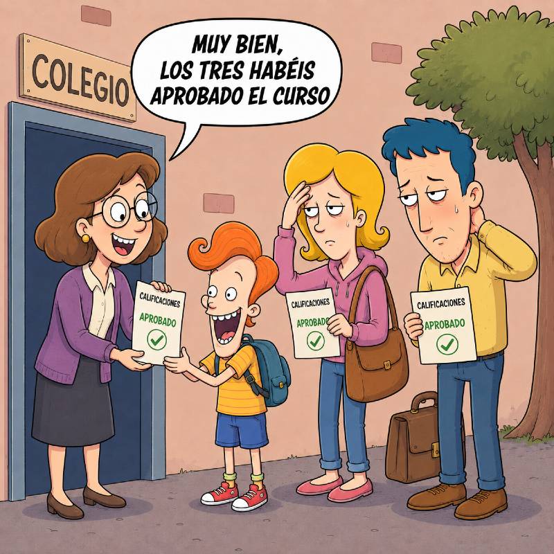 Profesor entrega las notas finales a un alumno y sus padres al terminar el curso escolar.