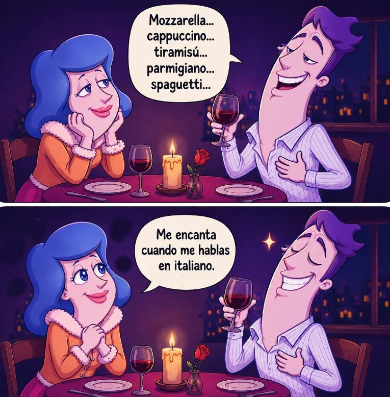 Viñeta humorística de estereotipos lingüísticos utilizando la imagen de una cena romántica.