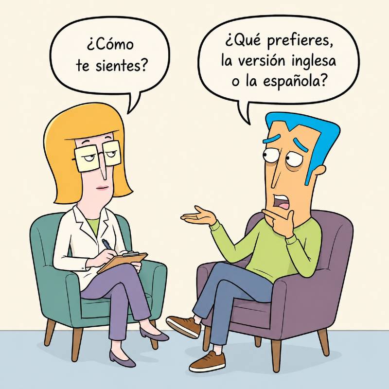 Una psicóloga pregunta «¿Cómo te sientes?» y el paciente responde: «¿Qué prefieres, la versión inglesa o la española?»