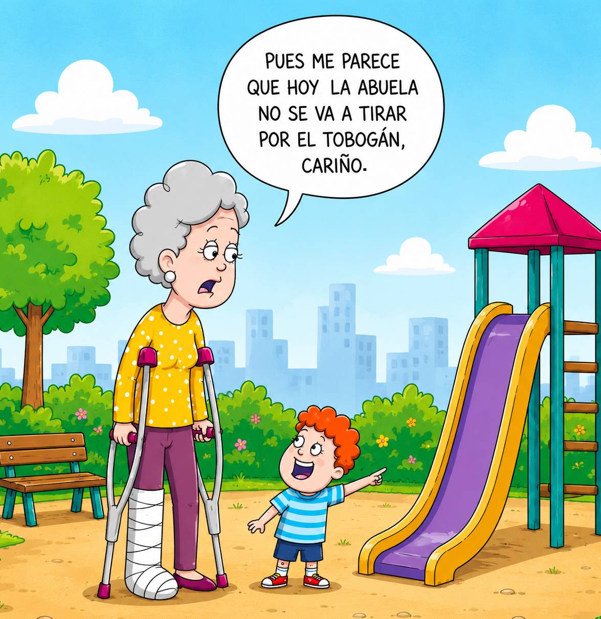 Una abuela, con la pierna rota, le dice a su nieto que no va a subirse al tobogán otra vez.