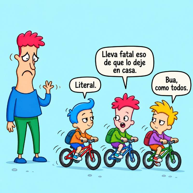 Tres niños se alejan en bicicleta mientras un padre los observa preocupado.