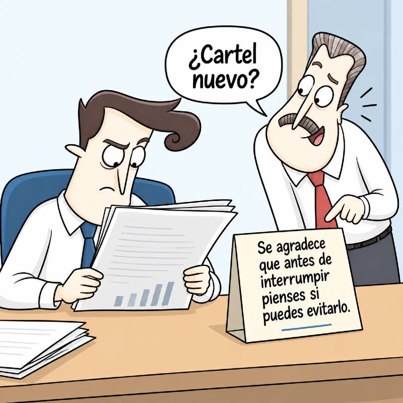 Hombre concentrado en un informe mientras un compañero le interrumpe para preguntarle por el cartel que pide evitar interrupciones.