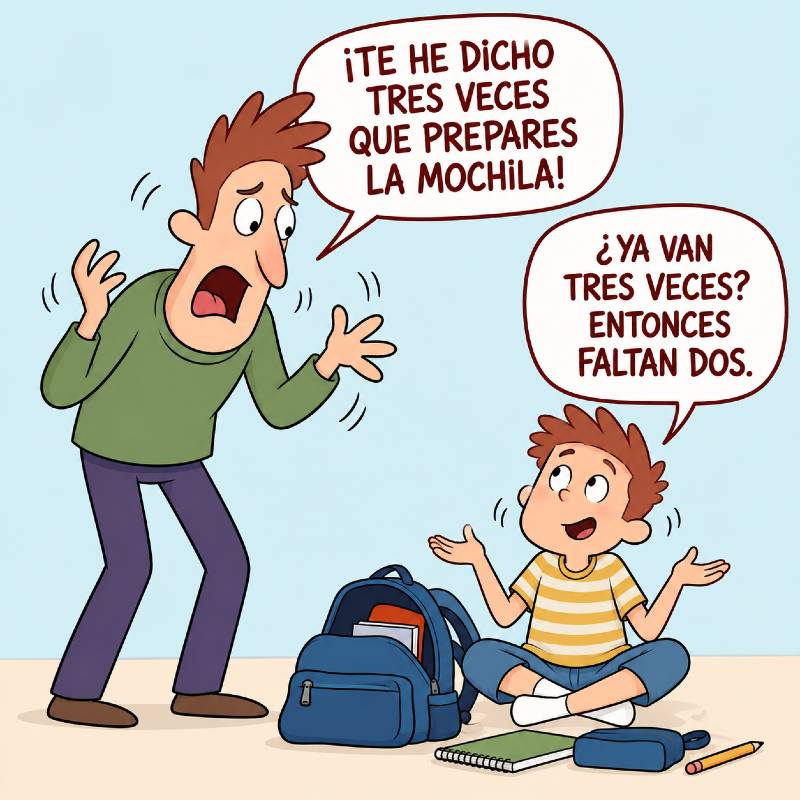Padre dice a su hijo con TDAH que prepare la mochila y este responde que todavía faltan dos avisos.