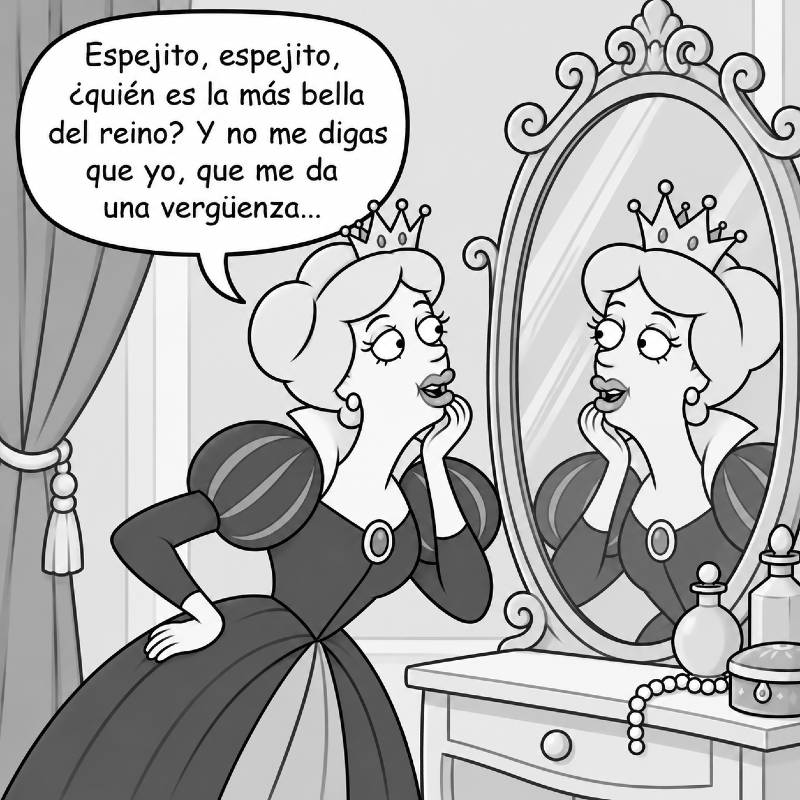 La reina se mira en el espejo con una falsa modestia que no consigue disimular.