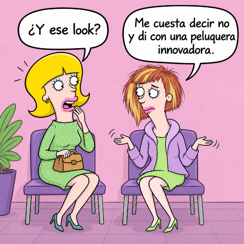 Una mujer explica a otra que no ha sido capaz de decir no a un corte de pelo que no le gusta.